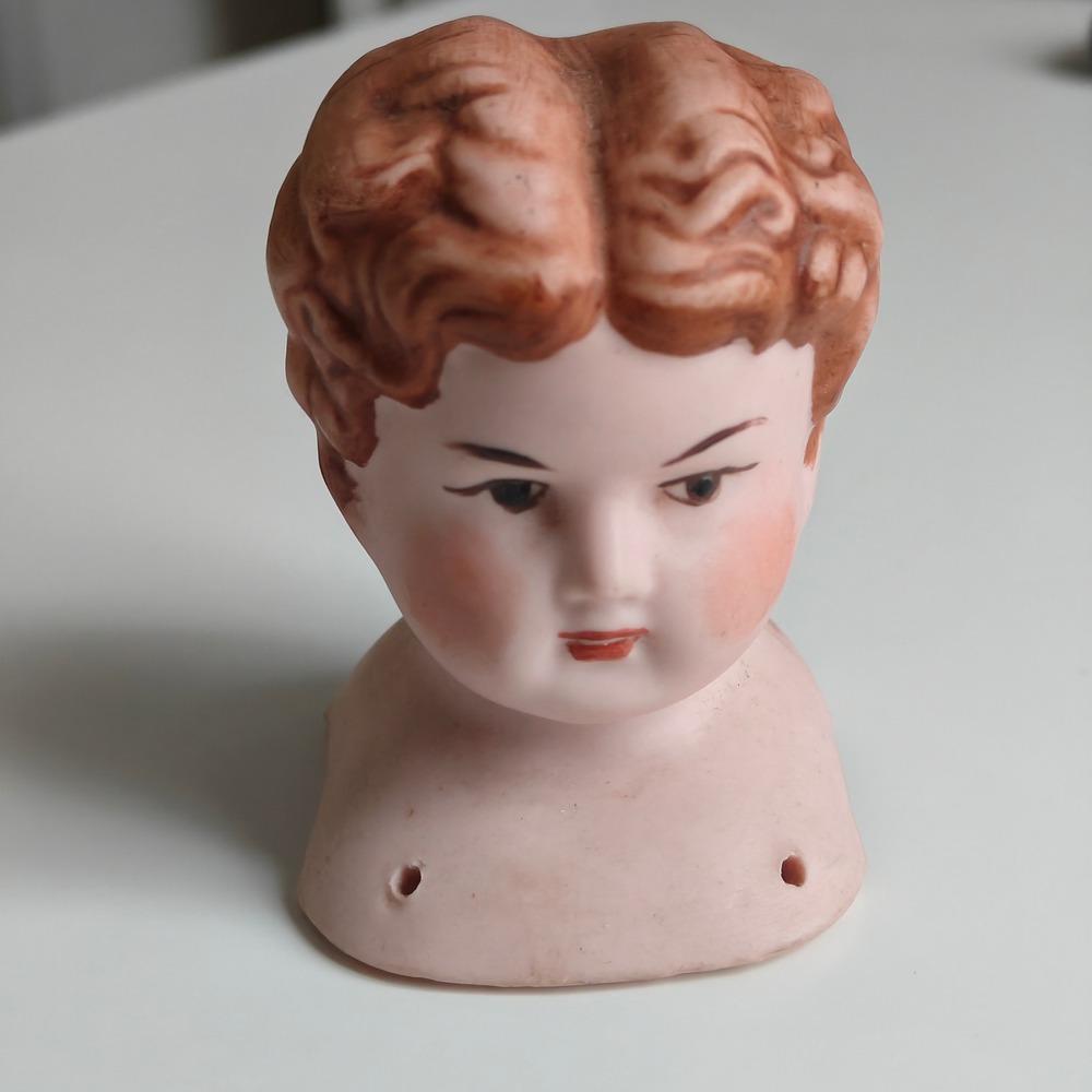 Antique Porcelain Doll Head Only Shoulder Plate Molded Brown Hair 2.75 Inch